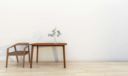 White wall interior with wood table, chair, indoor plant and wood floor, 3D Rendering