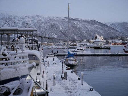 Port of Troms?, bridge and the arctic cathedralの写真素材