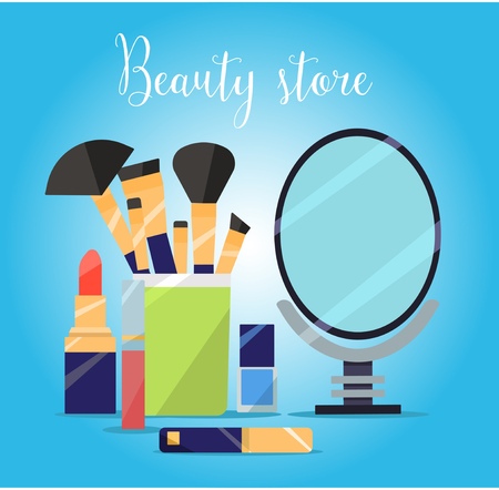 Cosmetics top on the table. Make up objects: shampoo, cream, lipstick, mascara nail-polish, perfume, lotion, eyeshadowのイラスト素材