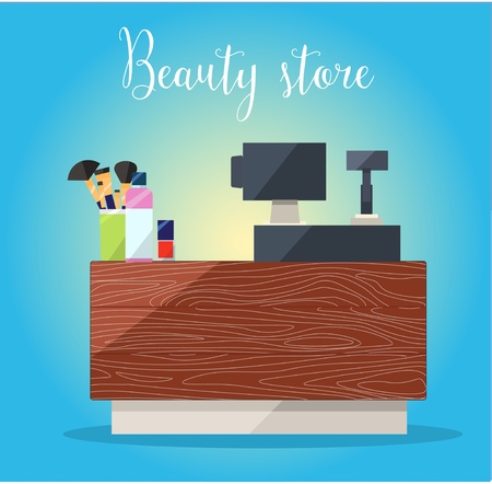 Beauty store cashbox. Cosmetics: mascara, gloss, lipstick, blush, perfumeのイラスト素材