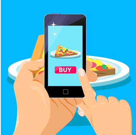 Hand holding smartphone with pizza on the screen. Order fast food concept. Flat vector illustration.のイラスト素材