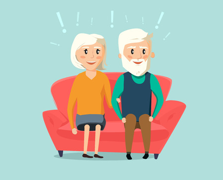 Happy old man and woman sitting together on sofa in the roomのイラスト素材