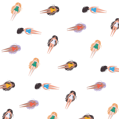 Girl in bikini sitting on the beach. Summertime illustration with cartoon character. Feminism concept in vector.のイラスト素材