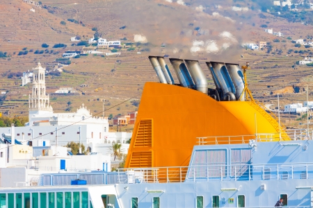 Ship exhausts in Tinos Island in Greeceの写真素材