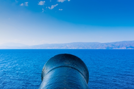 Canon aiming at sea in greek island Hydra in Saronikos Gulfの写真素材