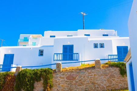 Whitewashed view of blue window frames Mykonos Island Greece Cycladesの写真素材