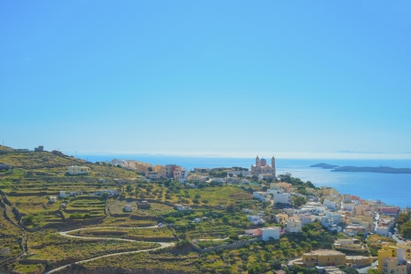 Greece Siros, panoramic view of rooftops of traditional Greek houses in chora, Siros is a Greek islands in Cycladesの写真素材