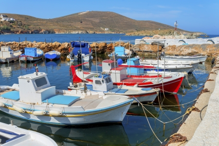 Greece Syros island in Cyclades view of traditional wooden fishing boats in main harborの写真素材