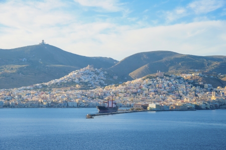 Greece Syros island in Cyclades, main port panoramic view on a summer sunny dayの写真素材