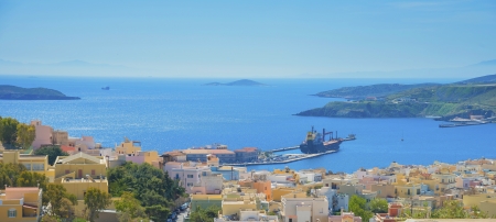 Greece Syros island panoramic view of main capitol with sea in background Syros is located in Cycladesの写真素材