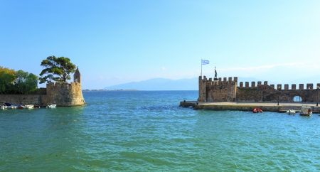 Greece, main port entrance view of Nafpactos in Central Greeceのeditorial素材