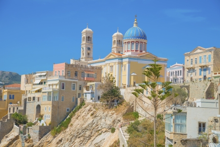 Greece Syros island view of a church in main capitol at summer time, Syros is located in Cycladesの写真素材