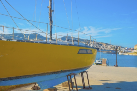 Greece Syros Island, Yachts and fishing boats into main Harbor of Syros island in Cycladesの写真素材