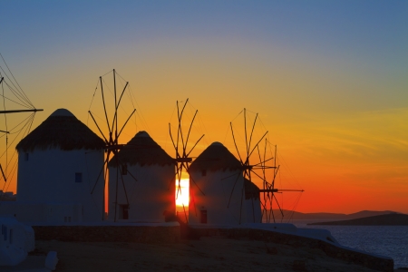 Sunset at Windmills in Mykonos Island Greece Cyclades