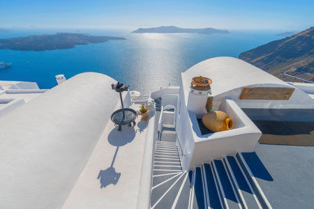 Stunning cupolas with the Caldera (volcano) in the distance in the Greek island of Santoriniのeditorial素材