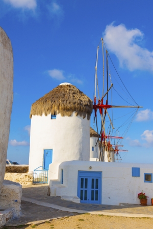 Windmills lined up closeup in Mykonos island cyclades Greeceの写真素材