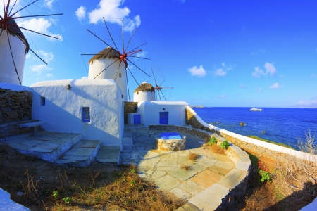 Windmills view with their bases Mykonos island Greece Cycladesの写真素材