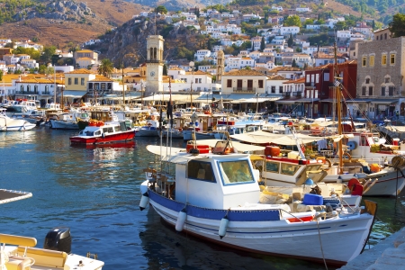 view of Boats in row in port Hydra Island at Saronikow Gulf in Greece at Capitolの写真素材