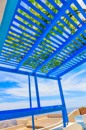 Greece Santorini island in Cyclades, colorful view with flowers in capitolの写真素材