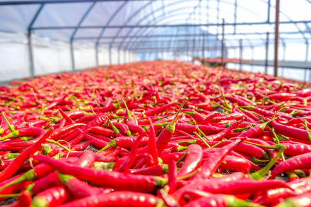 peppers drying outside as traditionaly at sunの写真素材