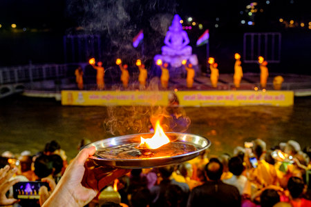 Aarti performed during Diwali, one of the traditional Indian festivalsの写真素材