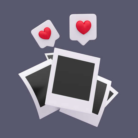 3d simple blank photo frames with likes messages. Retro vintage style 3d illustration. Vertical photo design template. Black empty place for your text or photo. 3d render colorfull snapshotの写真素材
