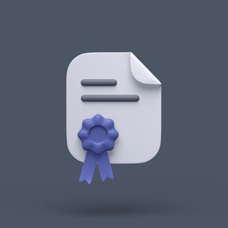 3d simple certificate or diploma icon with blue stamp and bent corner on gray pastel background. Hight quality 3d illustration or render.の写真素材