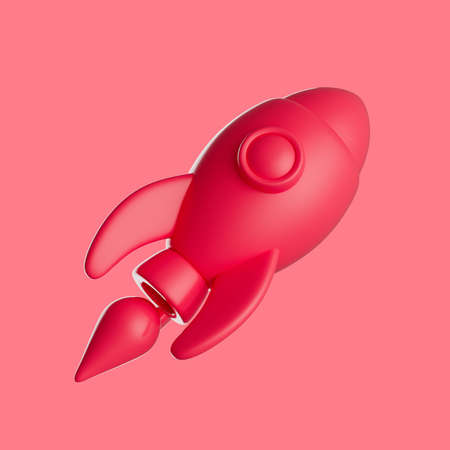 3d simple flying rocket icon on white background with clear shadow. Isolated catroon space shuttle 3d illustration.の写真素材