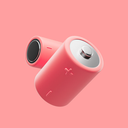 Battery icon simple 3d render illustration on red pastel background in light studioの写真素材