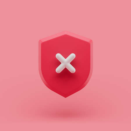 Shield unprotected icon with cross simple 3d illustration on pastel abstract background. minimal concept.の写真素材