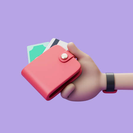 Cartoon hand holding wallet with banknote and credit card on violet background. Simple 3d render illustration.の写真素材