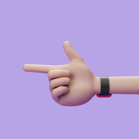 Cartoon hand finger point to over violet background. Simple 3d render illustration.