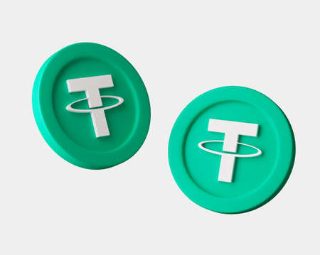 Cryptocurrency Thether coins from different viewes on white background. 3d render illustration with soft lights.の写真素材