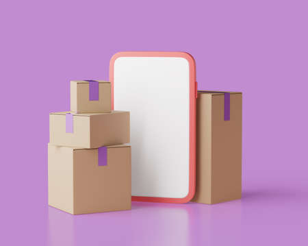 Closed delivery boxes and smartphone with clear screen 3d render illustartion. Isolated object.の写真素材
