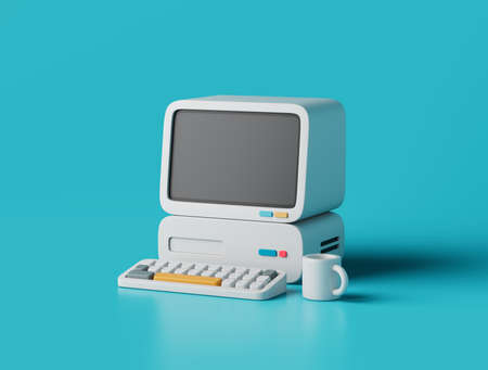 Simple retro personal computer with cup 3d render illustration.