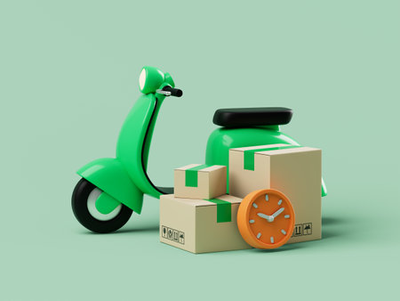 Simple cartoon scooter with delivery packages and clock near it 3d render illustration.の写真素材