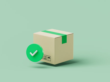 Simple cartoon delivery box with green check mark 3d render illustration.の写真素材