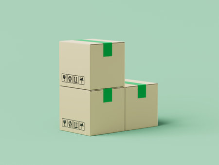 Simple cartoon stack of cardboard delivery box with adhesive tape 3d render illustration.