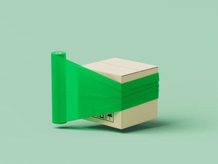 Simple cartoon delivery box packing with green adhesive tape 3d render illustration.の写真素材