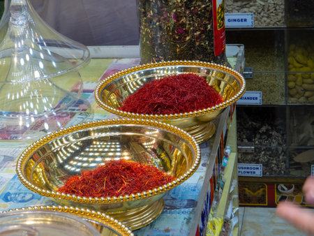 Dubai, U.A.E. Dubai Spice Souk. Traditional bazaar in Dubai, United Arab Emirates (UAE) Selling a variety of fragrances and spices, herbs.の写真素材