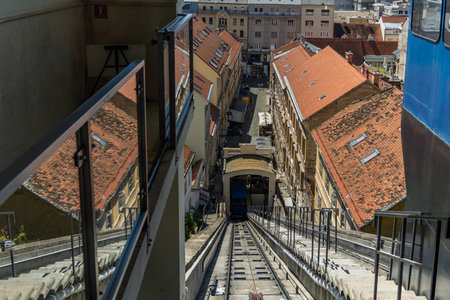 ZAGREB, CROATIA. The Zagreb funicular is the oldest public transportation in the city. It is also the shortest funicular line in the world, 66 meters only.の写真素材