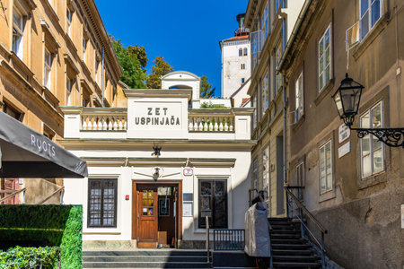 ZAGREB, CROATIA. The Zagreb funicular is the oldest public transportation in the city. It is also the shortest funicular line in the world, 66 meters only.の写真素材