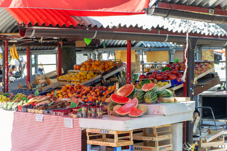 Ljubljana, Slovenia. Assortment of strawberries, blueberries, blackberries, raspberries and red currant berries at Ljubljana Central Maket in Sloveniaの写真素材