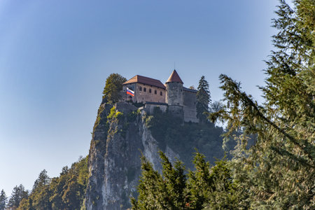 Medieval Bled Castle (Blejski grad), XI century, and the Lake Bled. Bled town, Gorenjska, Triglav National Park, Slovenia, central Europe. On background, the peaks of Triglav or Tricorno and Rjavina.の写真素材