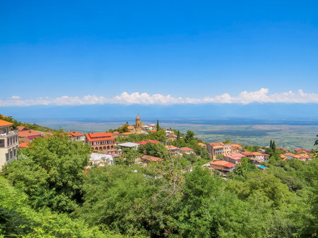 Aerial view on St. George's Church and Alazani valley, Georgia, Kakheti region, Signagi village. Sighnaghi city of love on hill near Gombori Range.の写真素材