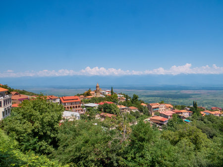 Aerial view on St. George's Church and Alazani valley, Georgia, Kakheti region, Signagi village. Sighnaghi city of love on hill near Gombori Range.の写真素材