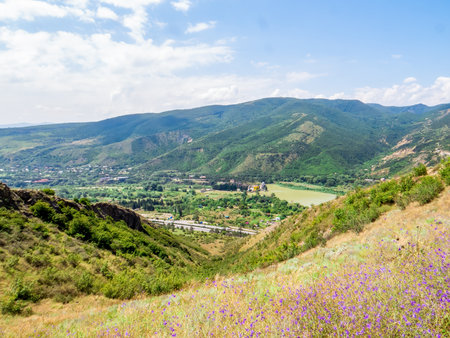 The view of green landscape as seen from Jvari Monastery (Georgia)