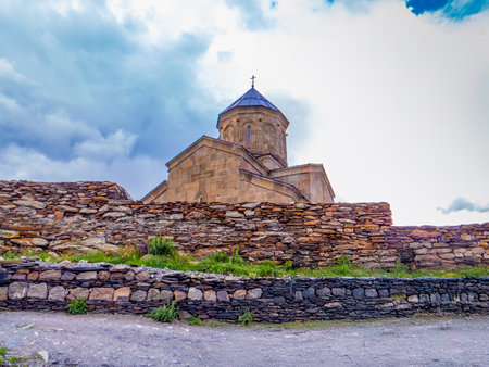 Gergeti Trinity Church (Tsminda Sameba), Holy Trinity Church near the village of Gergeti in Georgia, under Mount Kazbegiの写真素材