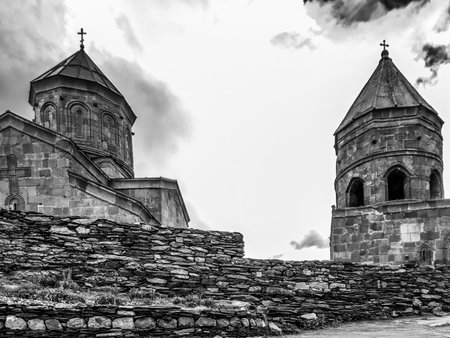 Gergeti Trinity Church (Tsminda Sameba), Holy Trinity Church near the village of Gergeti in Georgia, under Mount Kazbegiの写真素材