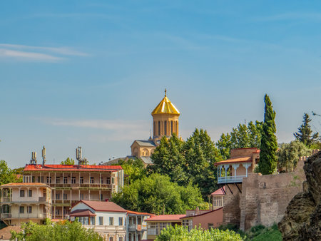 View on balcony and terrace of palace, Holy Trinity Cathedral in Tbilisi, Georgia.の写真素材